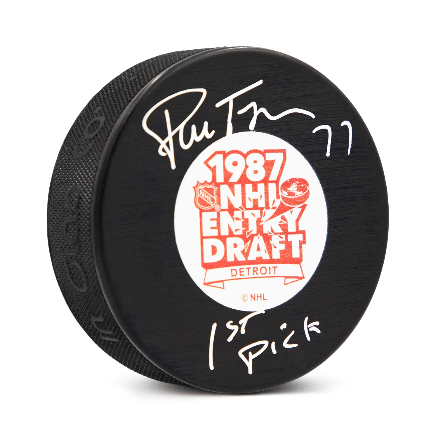 Pierre Turgeon Autographed 1987 NHL Entry Draft Puck with 1st Pick Note
