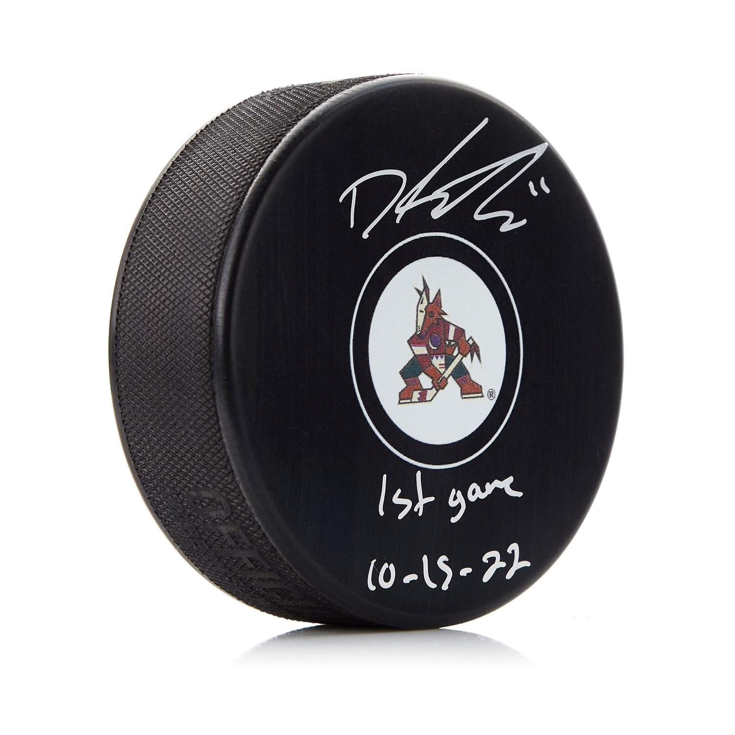 Dylan Guenther Signed & Dated Arizona Coyotes 1st Game Puck