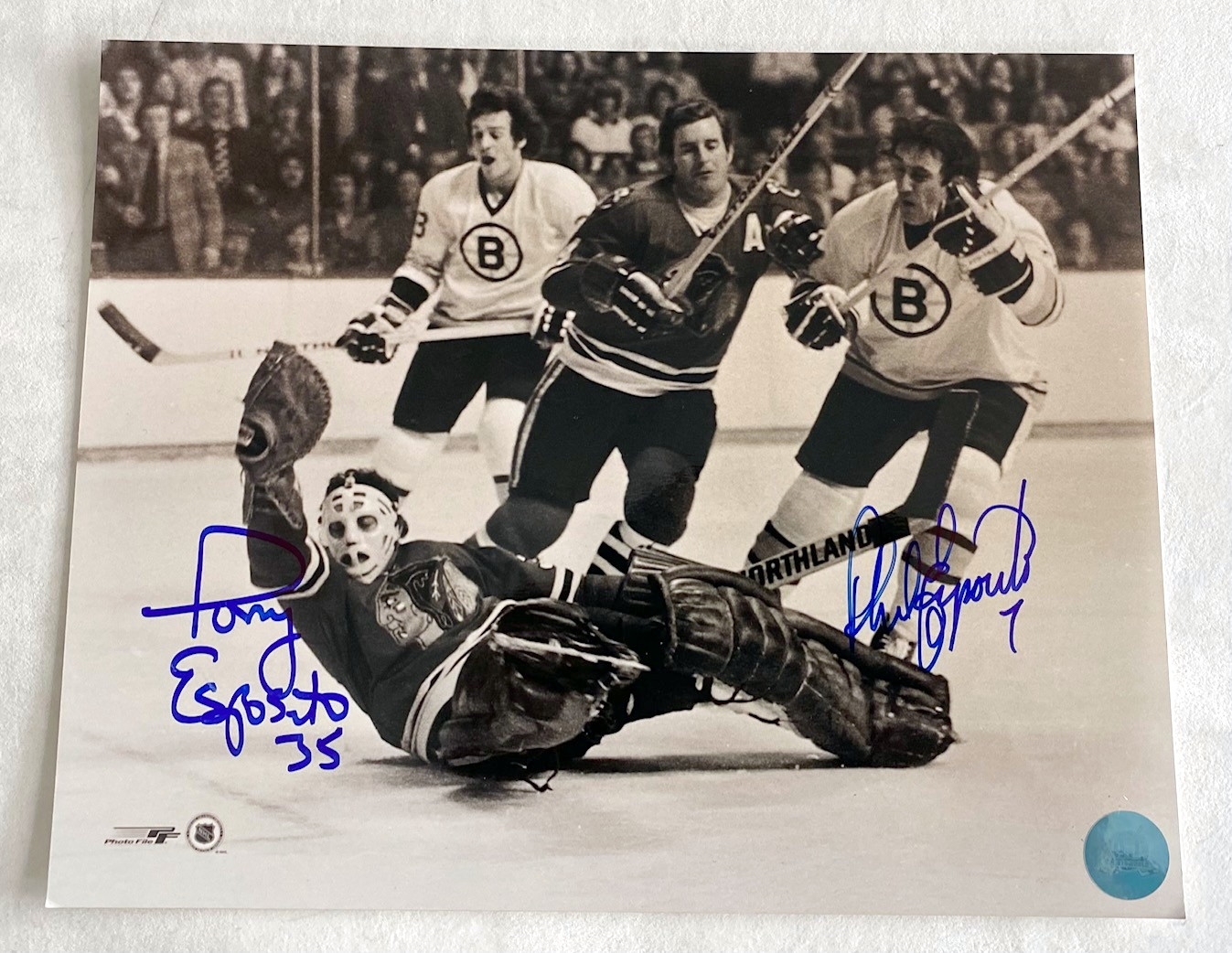 Tony & Phil Esposito Blackhawks vs Bruins Dual Signed 8x10 Photo with HOF Notes