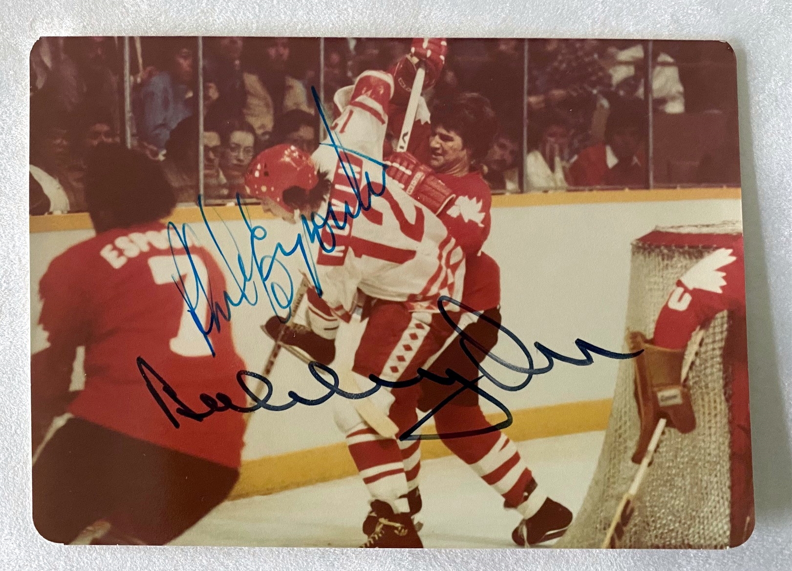 Bobby Orr & Phil Esposito Dual Signed Candid Original 1976 Canada Cup Photo