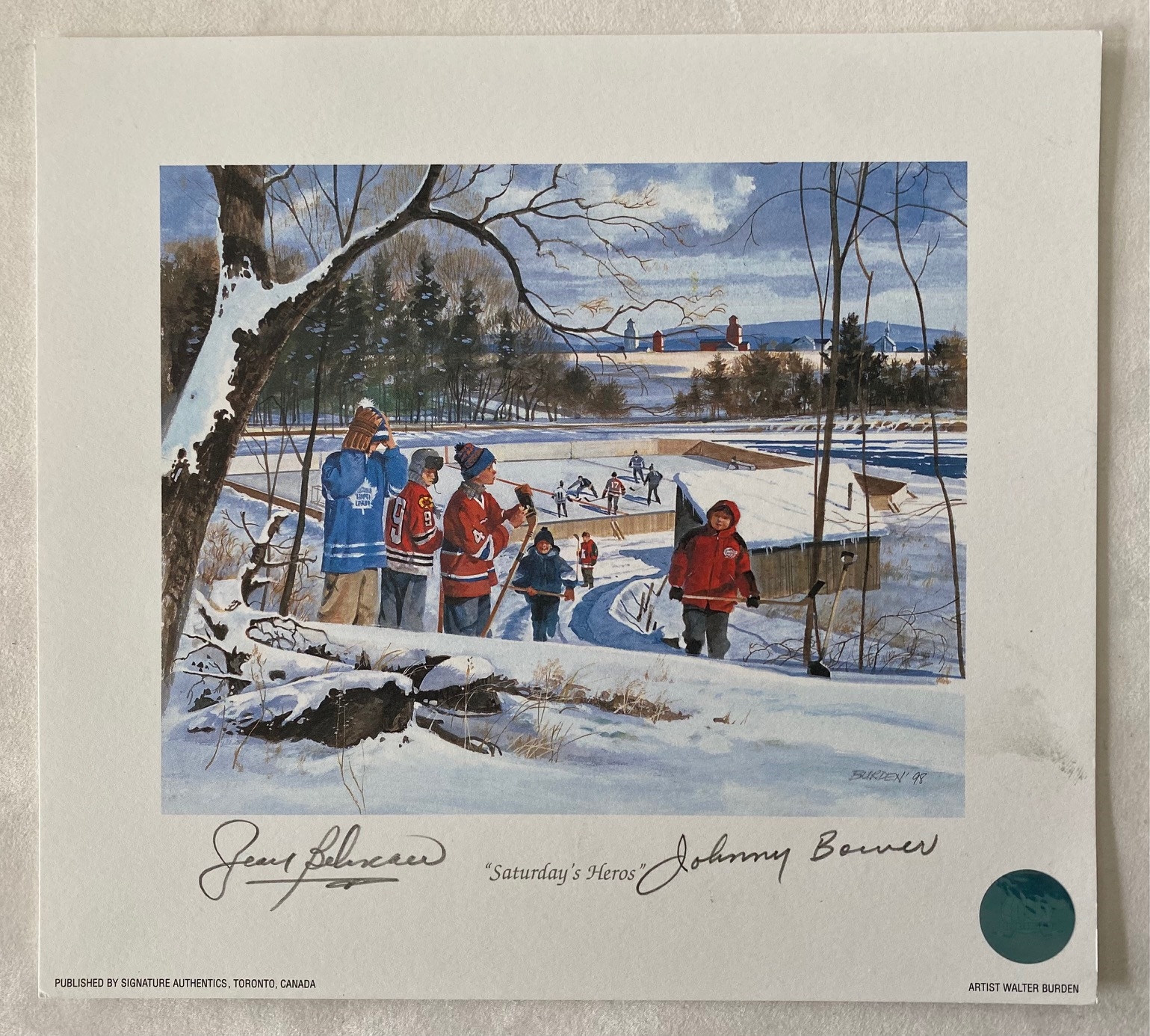Jean Beliveau & Johnny Bower Autographed Pond Hockey Lithograph (Flawed)