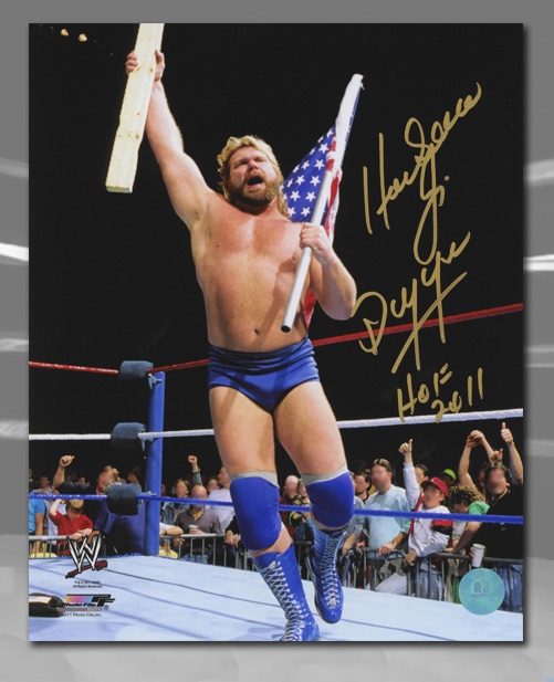Hacksaw Jim Duggan WWE Autographed Wrestling Ring Flag Salute 8x10 Photo
