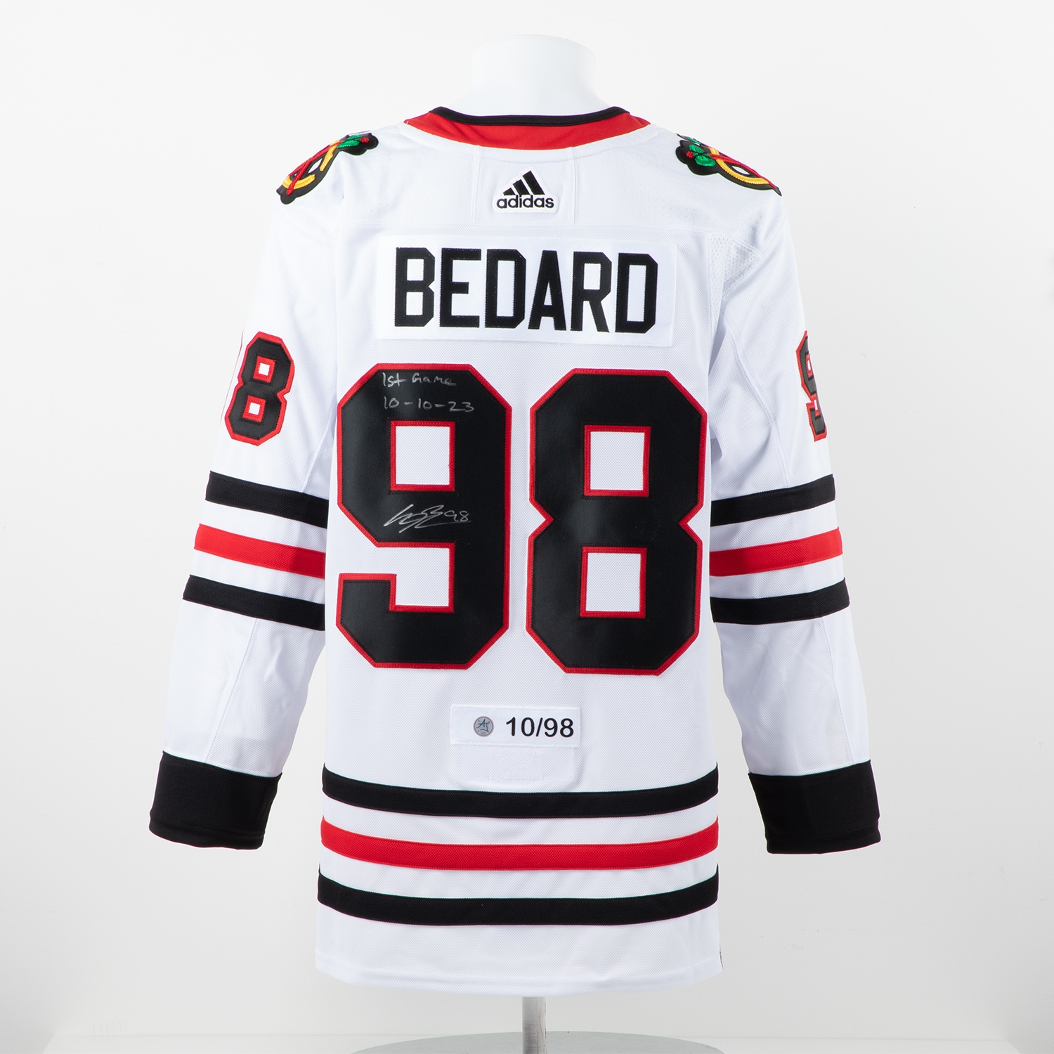 Connor Bedard Signed Chicago Blackhawks Adidas Jersey with 1st Game Note #10/98