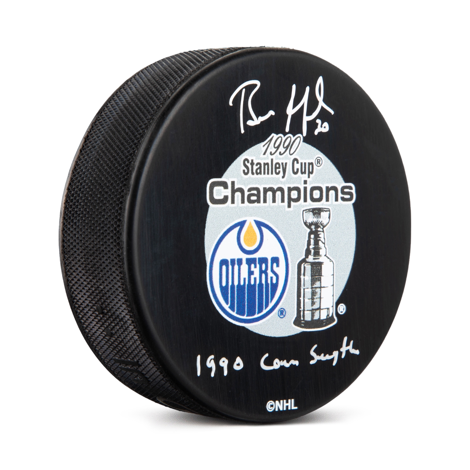 Bill Ranford Signed Edmonton Oilers 1990 Stanley Cup Puck with Conn Smythe Note