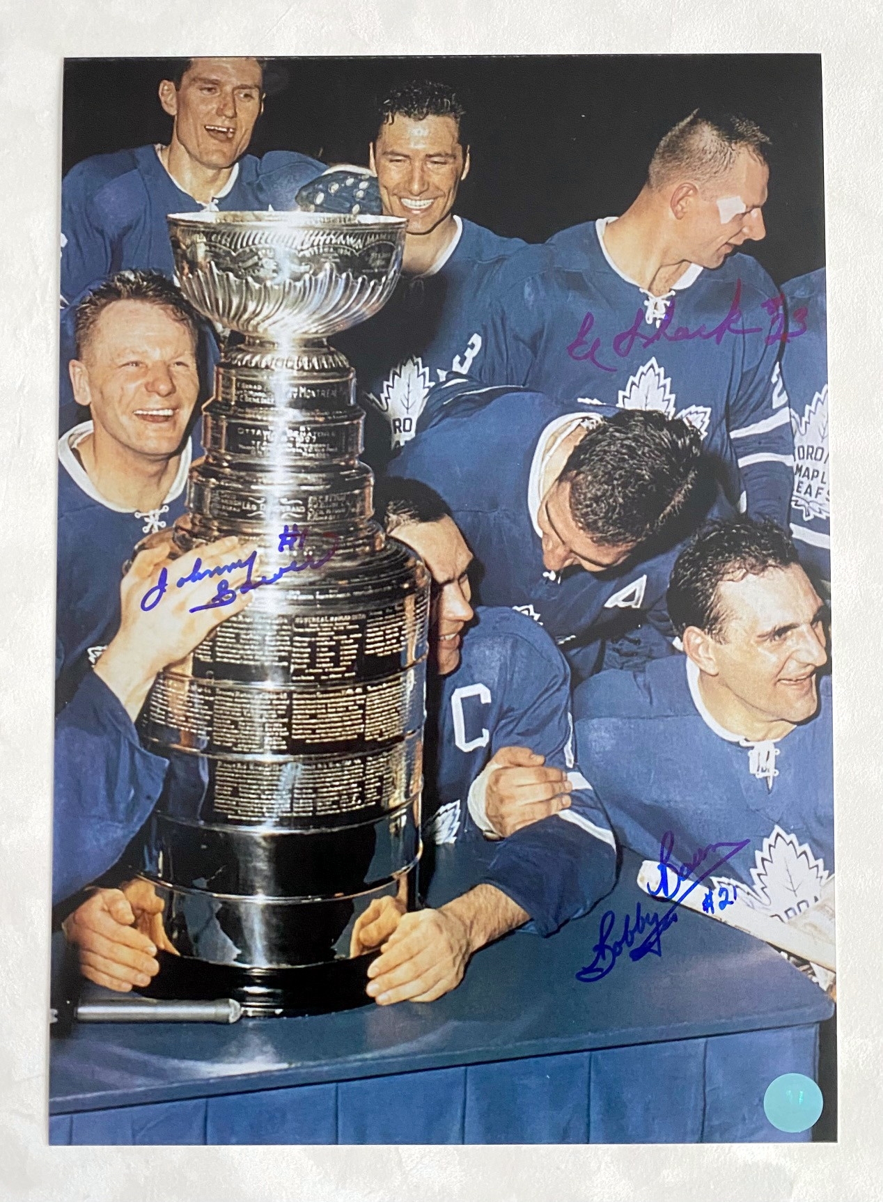 1964 Maple Leafs Stanley Cup Baun, Bower, Shack triple signed 10x14 Photo