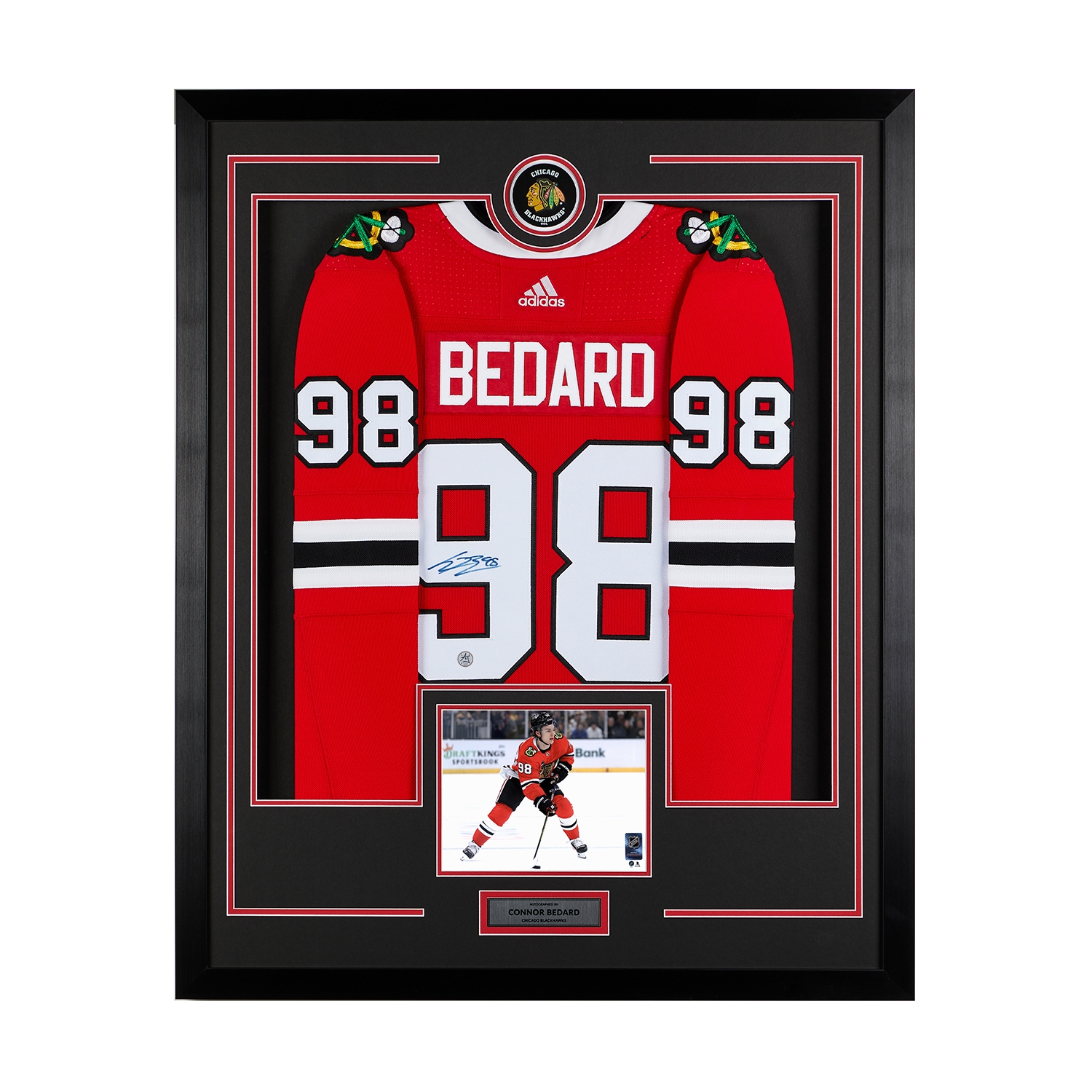 Connor Bedard Signed Chicago Blackhawks Puck Logo 36x44 Jersey Frame