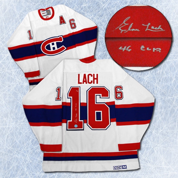 Elmer Lach Signed Montreal Canadiens Vintage CCM Jersey with 46 Cup Note