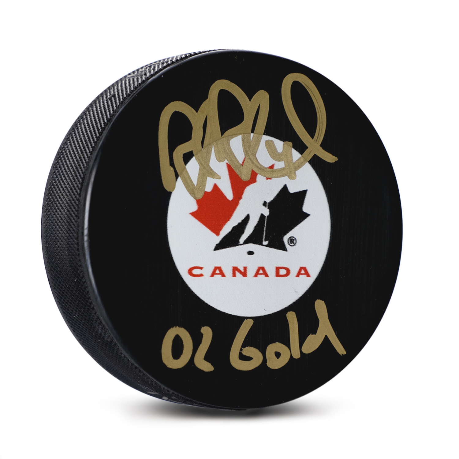 Rob Blake Team Canada Signed Hockey Canada Puck with 02 Gold Note