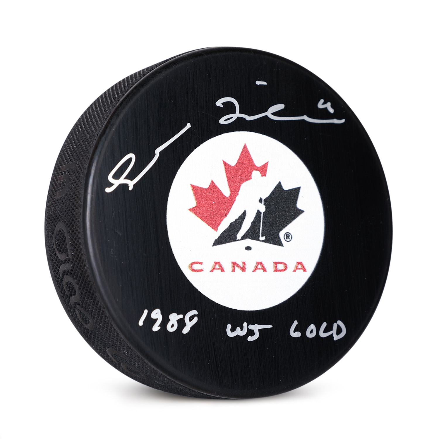 Trevor Linden Signed Team Canada Hockey Puck with 1988 WJ Gold Note