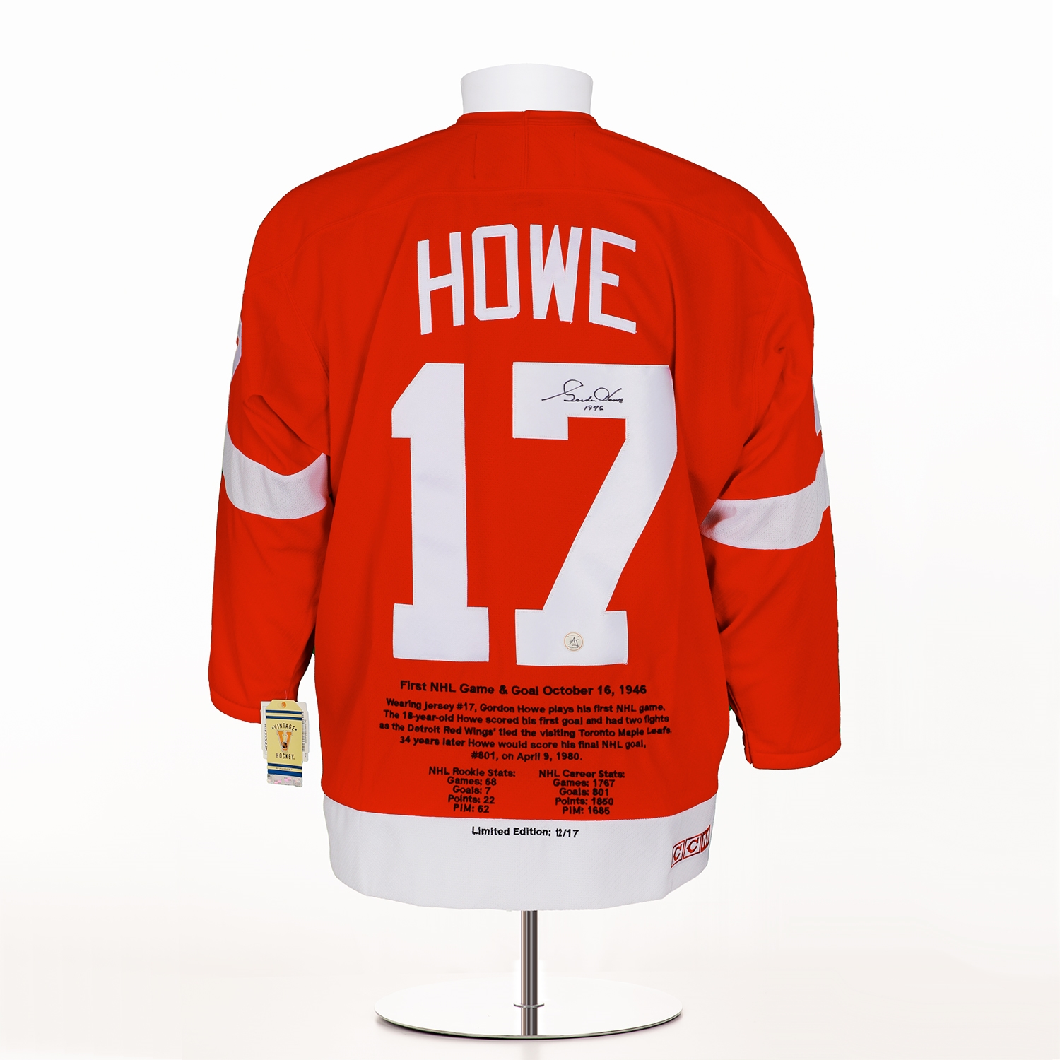 Gordie Howe Autographed Detroit Red Wings Vintage CCM 1st Goal Jersey LE 12/17