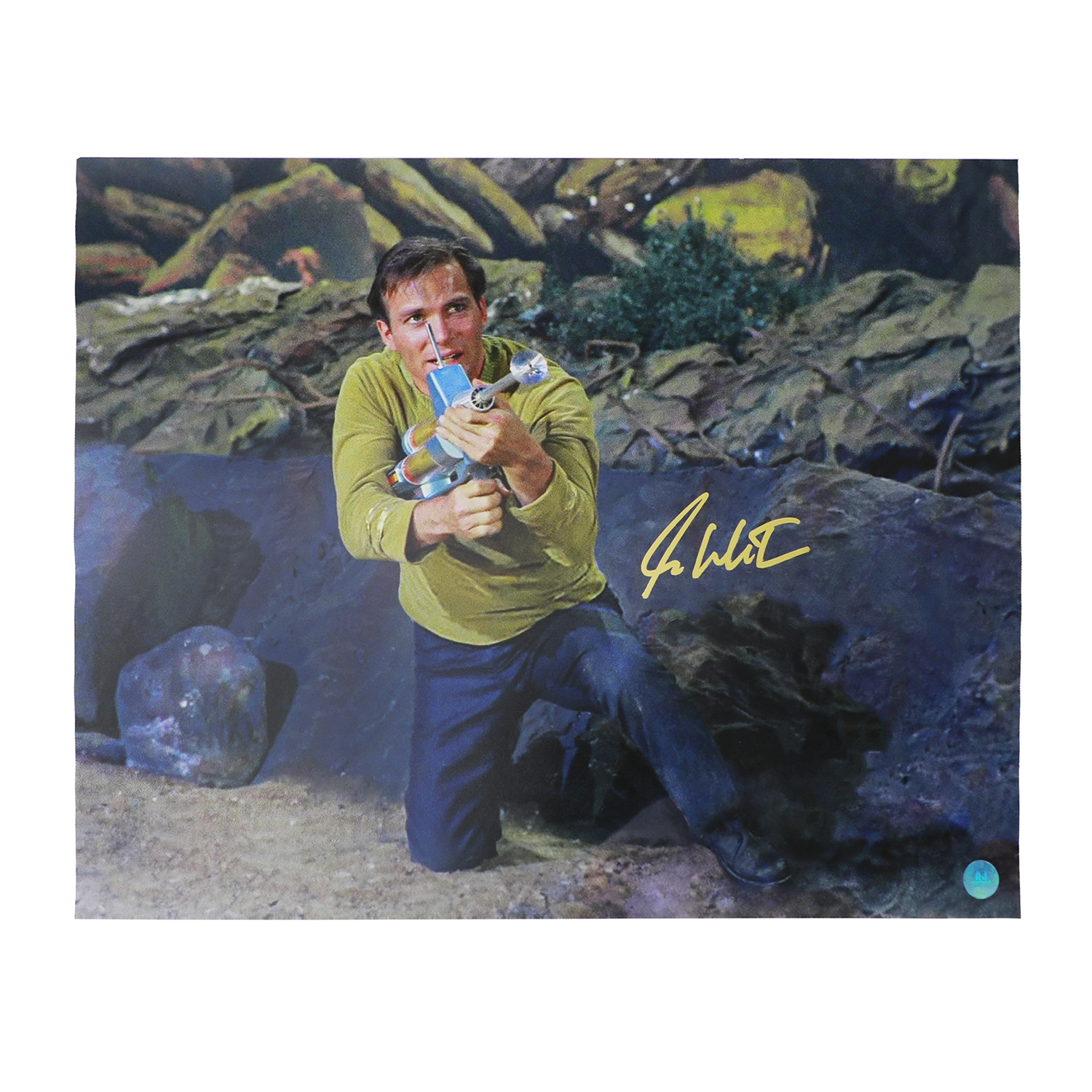 William Shatner Signed Star Trek Captain Kirk with Phaser Gun 16x20 Photo