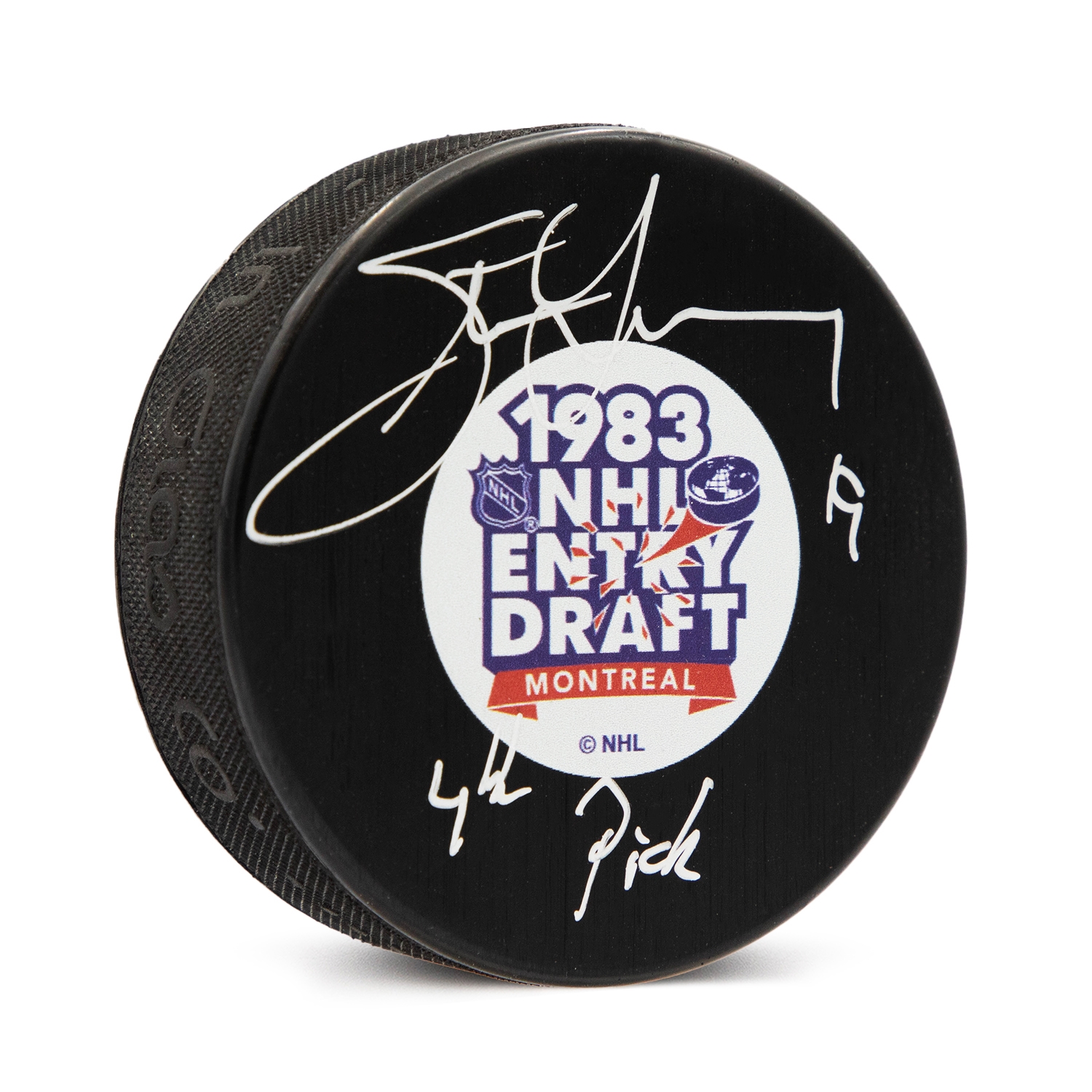 Steve Yzerman Signed 1983 NHL Entry Draft Puck with 4th Pick Note