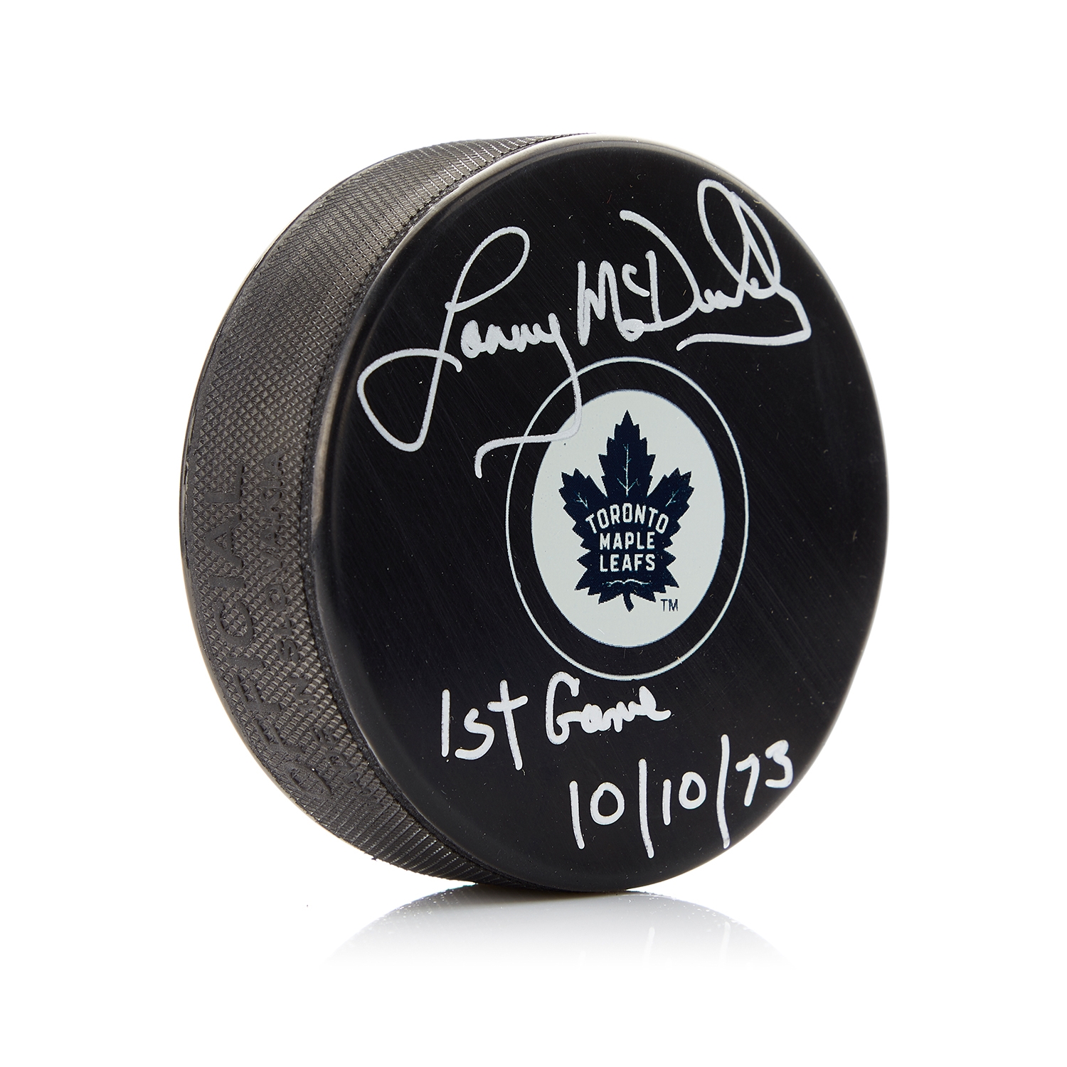 Lanny McDonald Signed Toronto Maple Leafs Puck with First Game Note