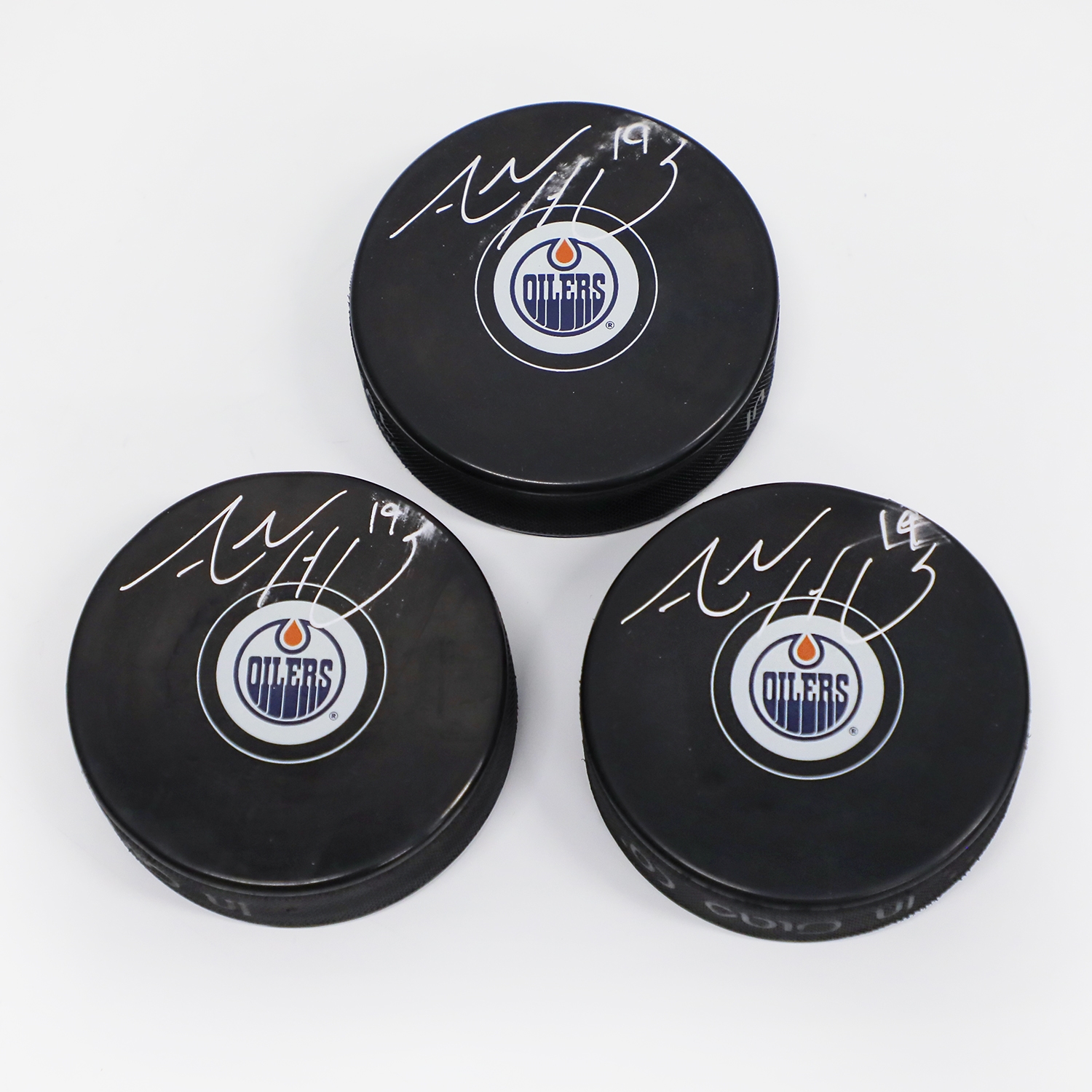 Adam Henrique Edmonton Oilers Autographed Lot Of 3 Pucks (Flawed)