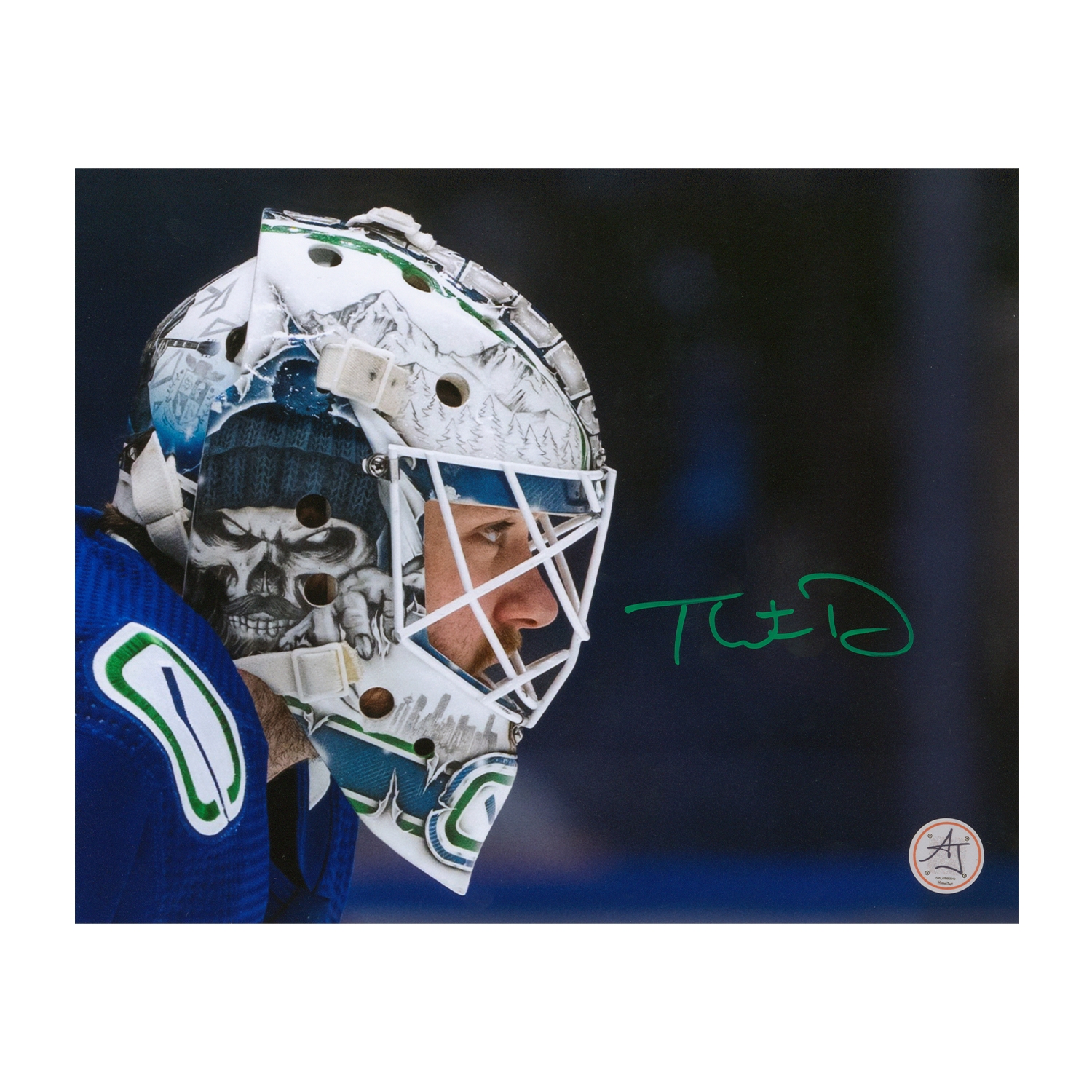 Thatcher Demko Autographed Vancouver Canucks Skull Mask 8x10 Photo