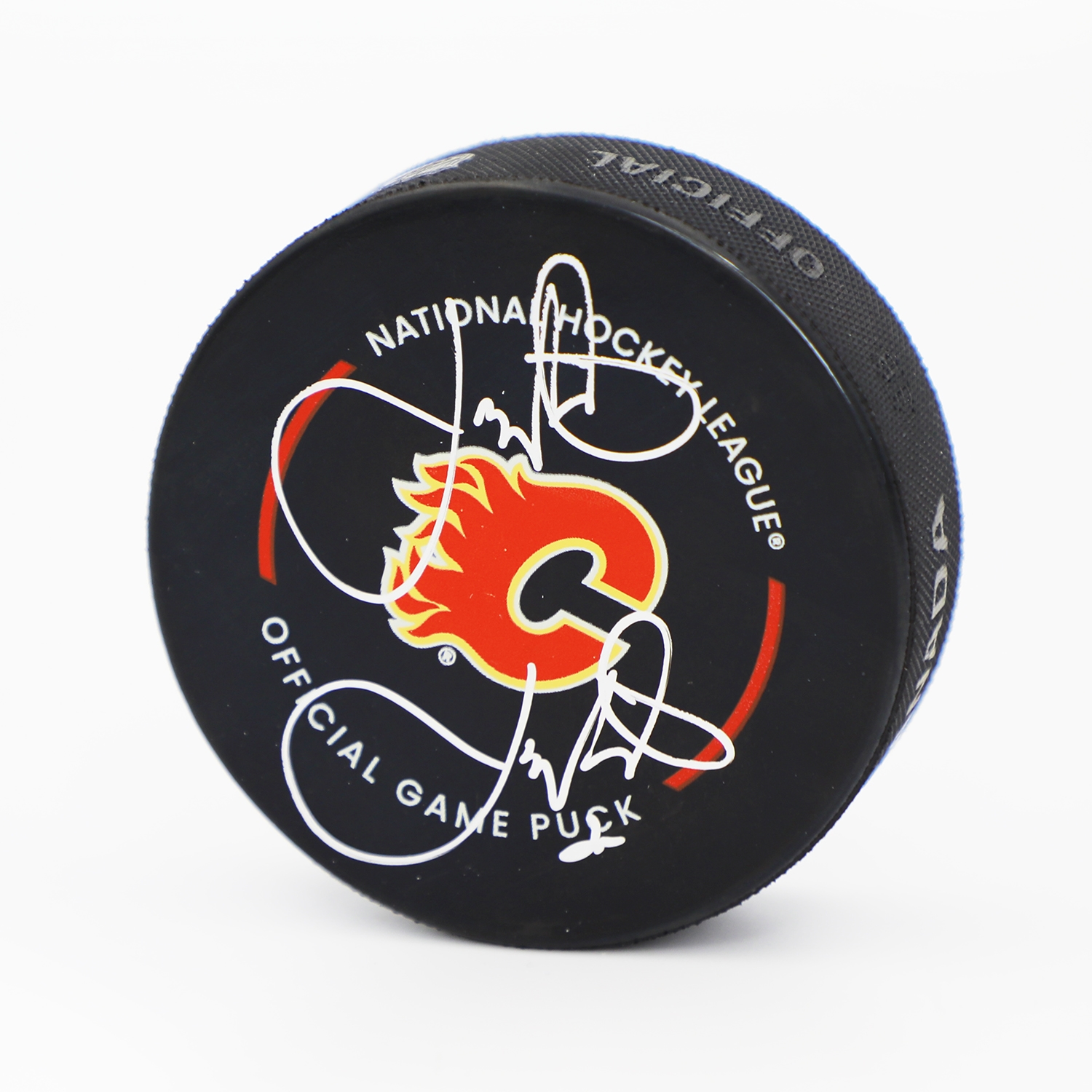 Joe Nieuwendyk Double Signed Calgary Flames Game Model Puck (Flawed)