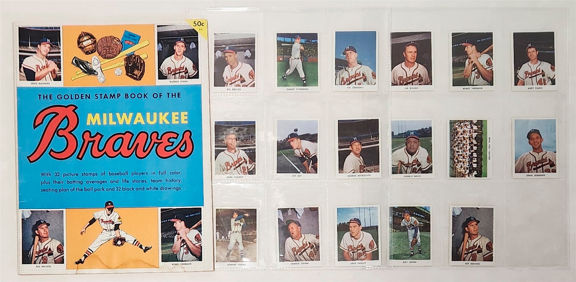 1955 Milwaukee Braves Golden Stamp Book Album With 17 Stamps Included (Flawed)