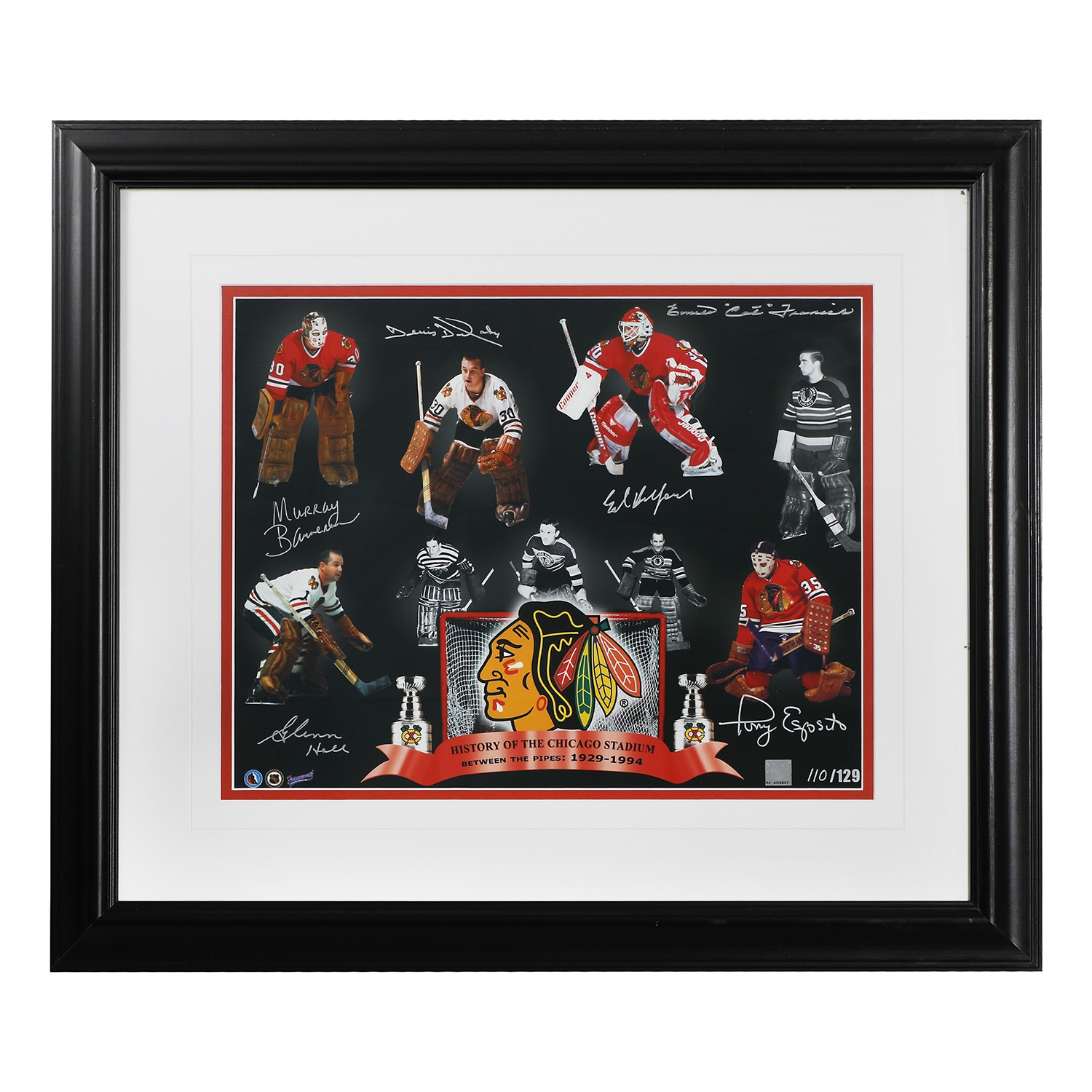 Chicago Blackhawks Autographed Goalie 26x32 Frame #/129 (Esposito & Belfour)