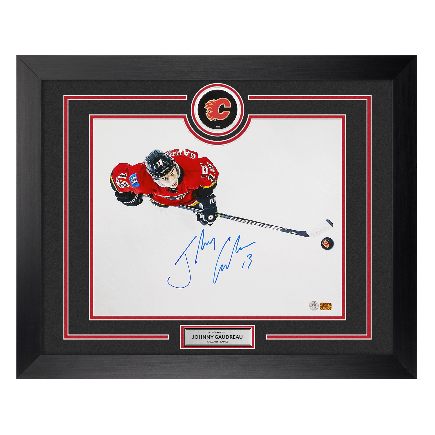 Johnny Gaudreau Signed Calgary Flames Puck Logo 26x32 Frame