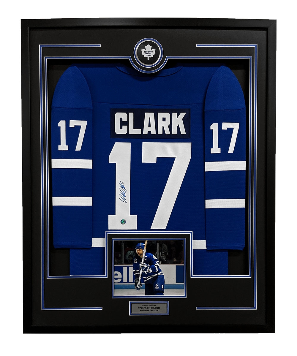 Wendel Clark Autographed Toronto Maple Leafs Puck Logo 36x44 Jersey Frame