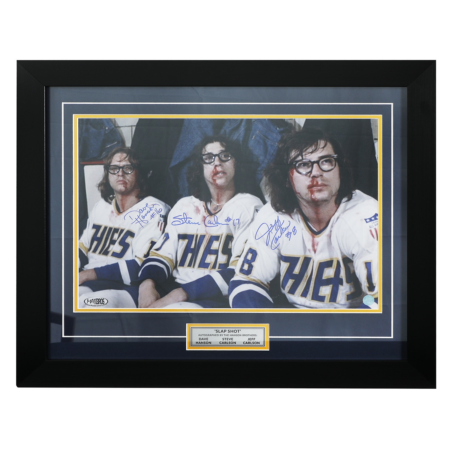 The Hanson Brothers Triple Signed Charlestown Chiefs Slapshot Movie 24x28 Frame