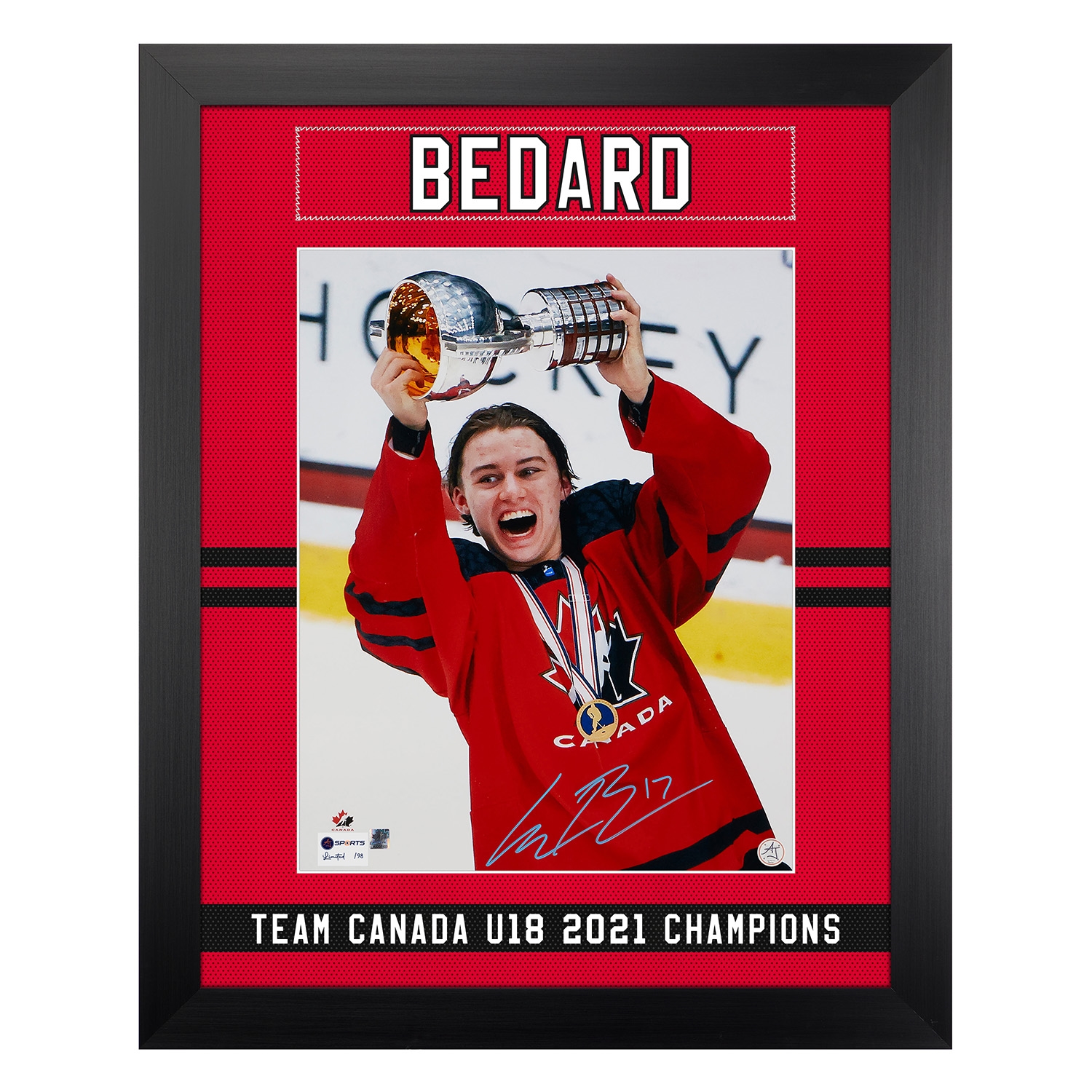 Connor Bedard Signed Team Canada U18 Gold Medal Uniform Graphic 26x32 Frame