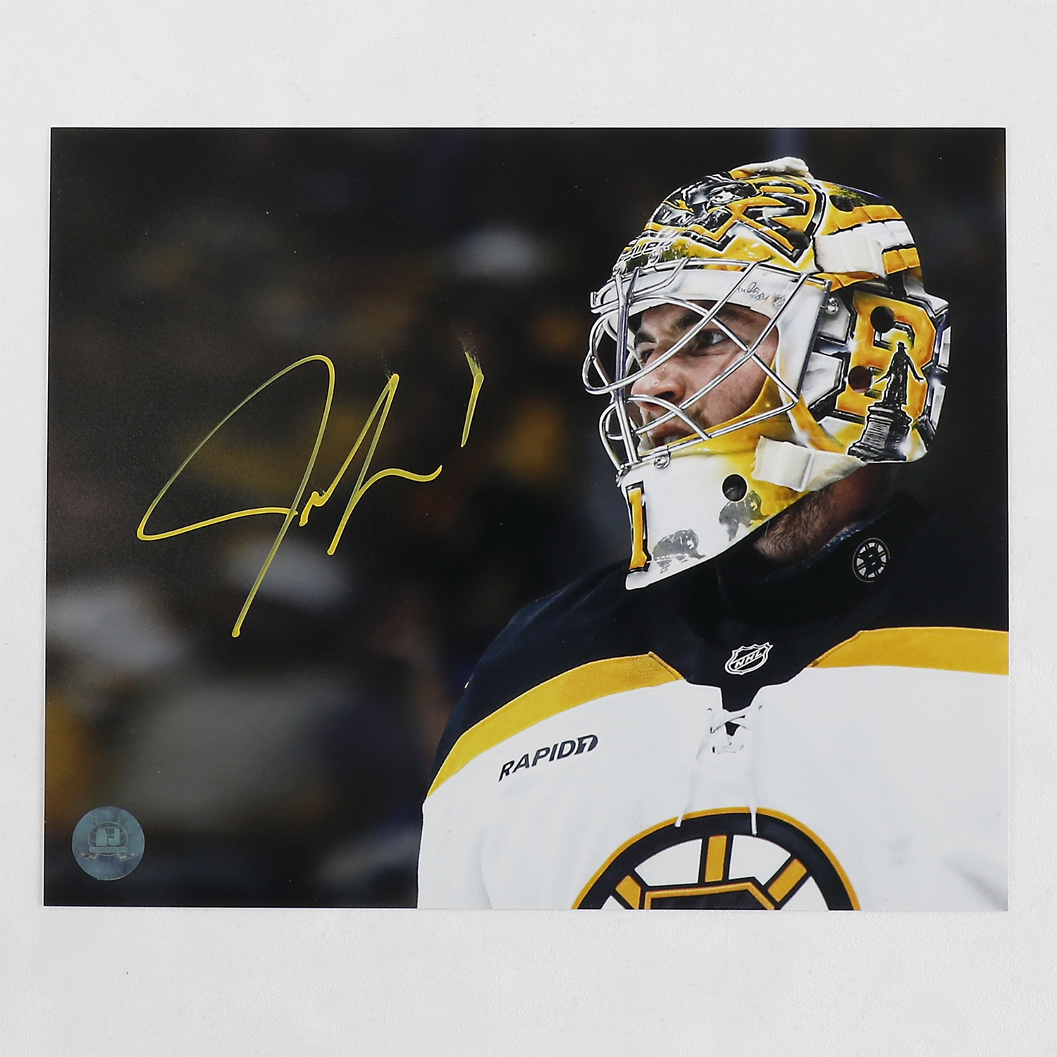 Jeremy Swayman Signed Boston Bruins Goalie Mask Profile 8x10 Photo (Flawed)