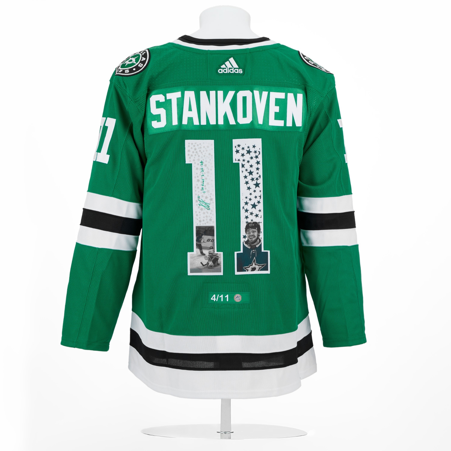 Logan Stankoven Dallas Stars Signed & Dated 1st Goal Graphic adidas Jersey #4/11