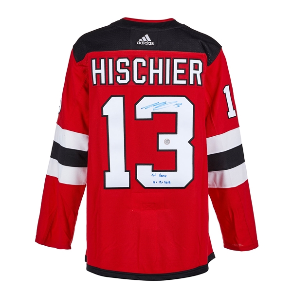 Nico Hischier New Jersey Devils Signed & Dated First Game adidas Jersey