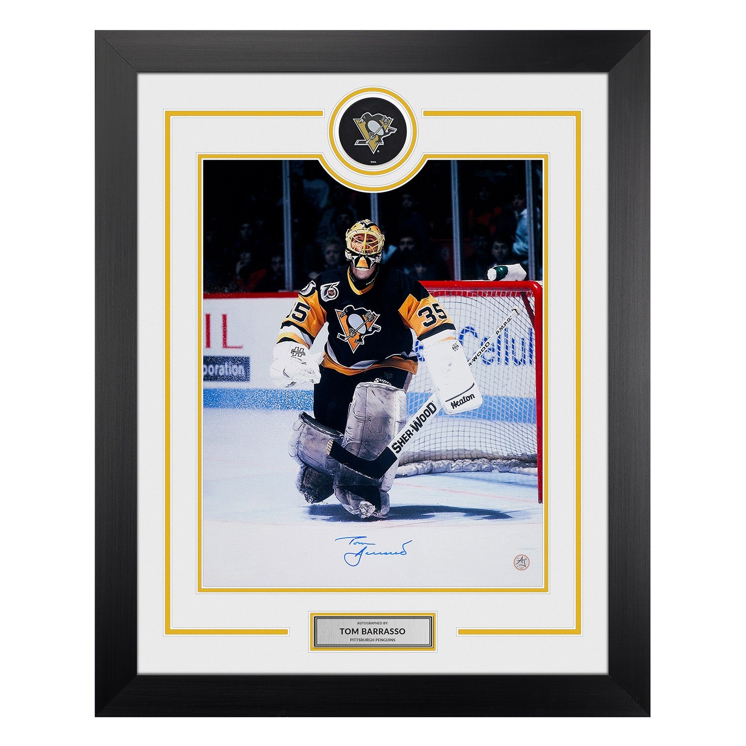 Tom Barrasso Signed Pittsburgh Penguins Puck Logo 26x32 Frame