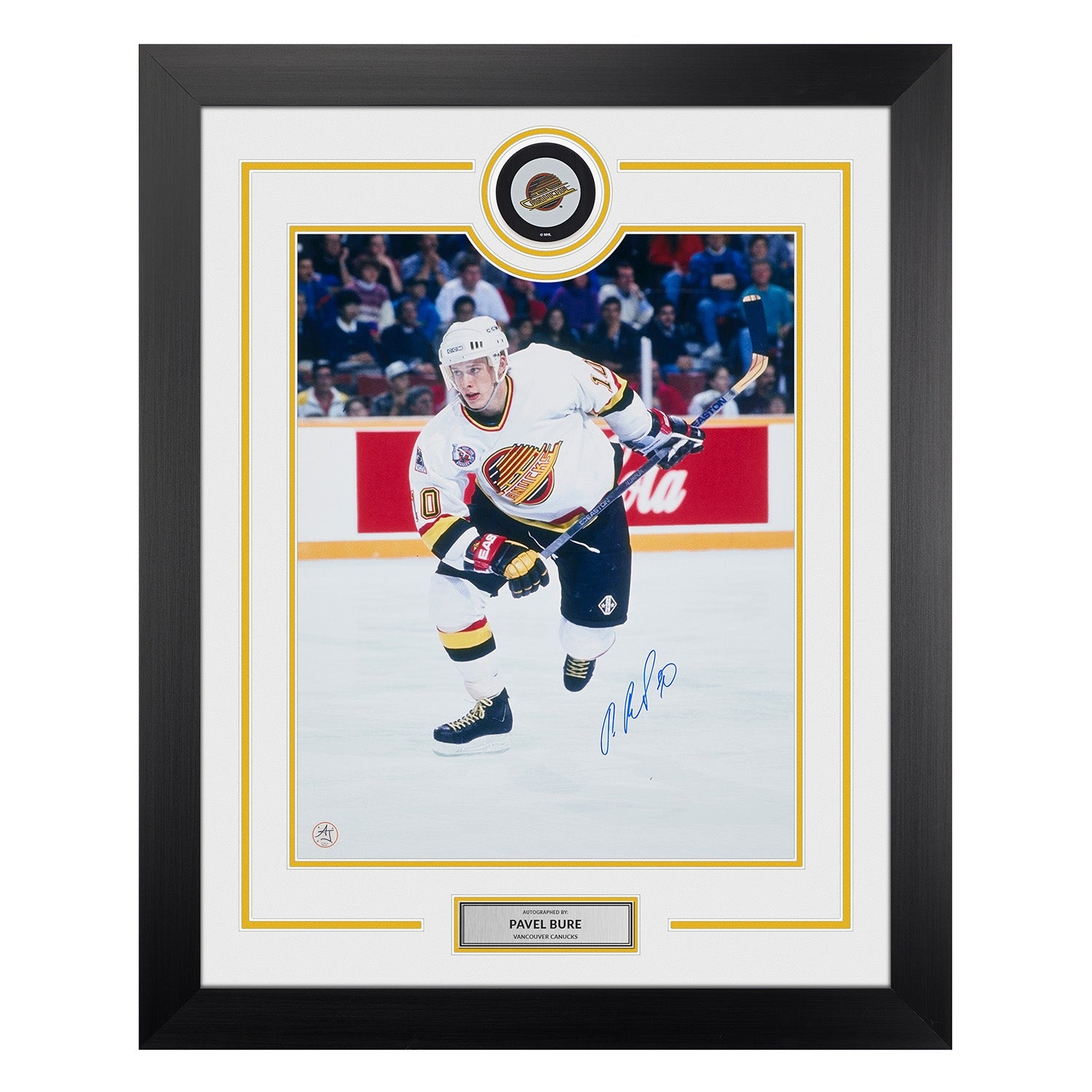 Pavel Bure Autographed Vancouver Canucks Puck Logo 26x32 Frame