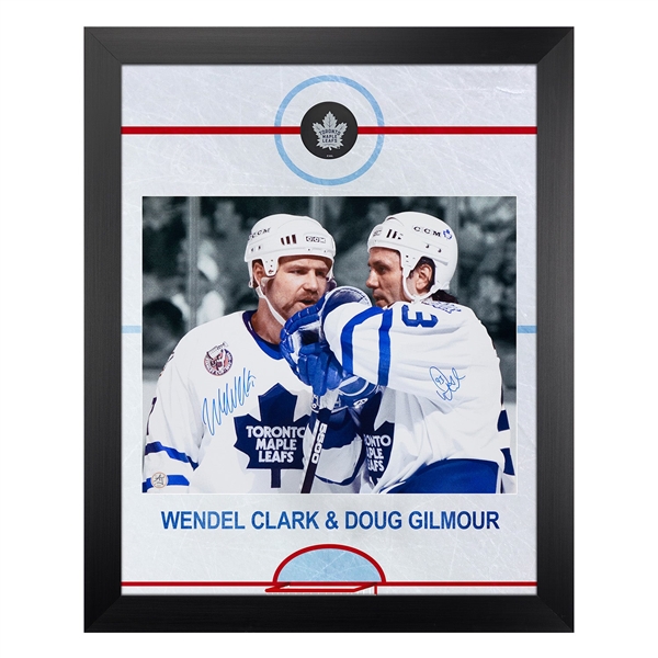 Doug Gilmour & Wendel Clark Dual Signed Maple Leafs Graphic Rink 26x32 Frame