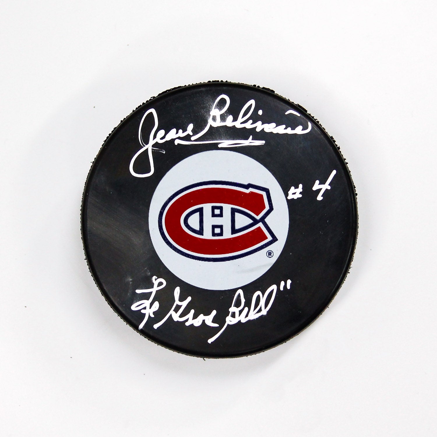 Jean Beliveau Signed & Inscribed Montreal Canadiens Hockey Puck (Flawed)