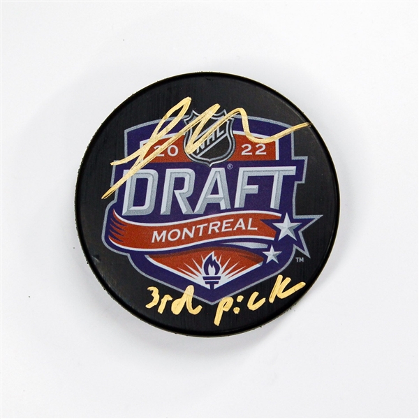 Logan Cooley Signed 2022 NHL Entry Draft Puck with 3rd Pick Note