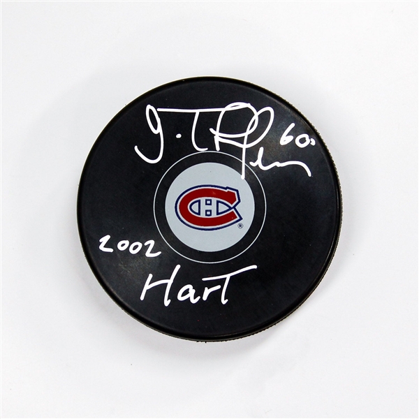 Jose Theodore Signed Montreal Canadiens Puck with 2002 Hart Note