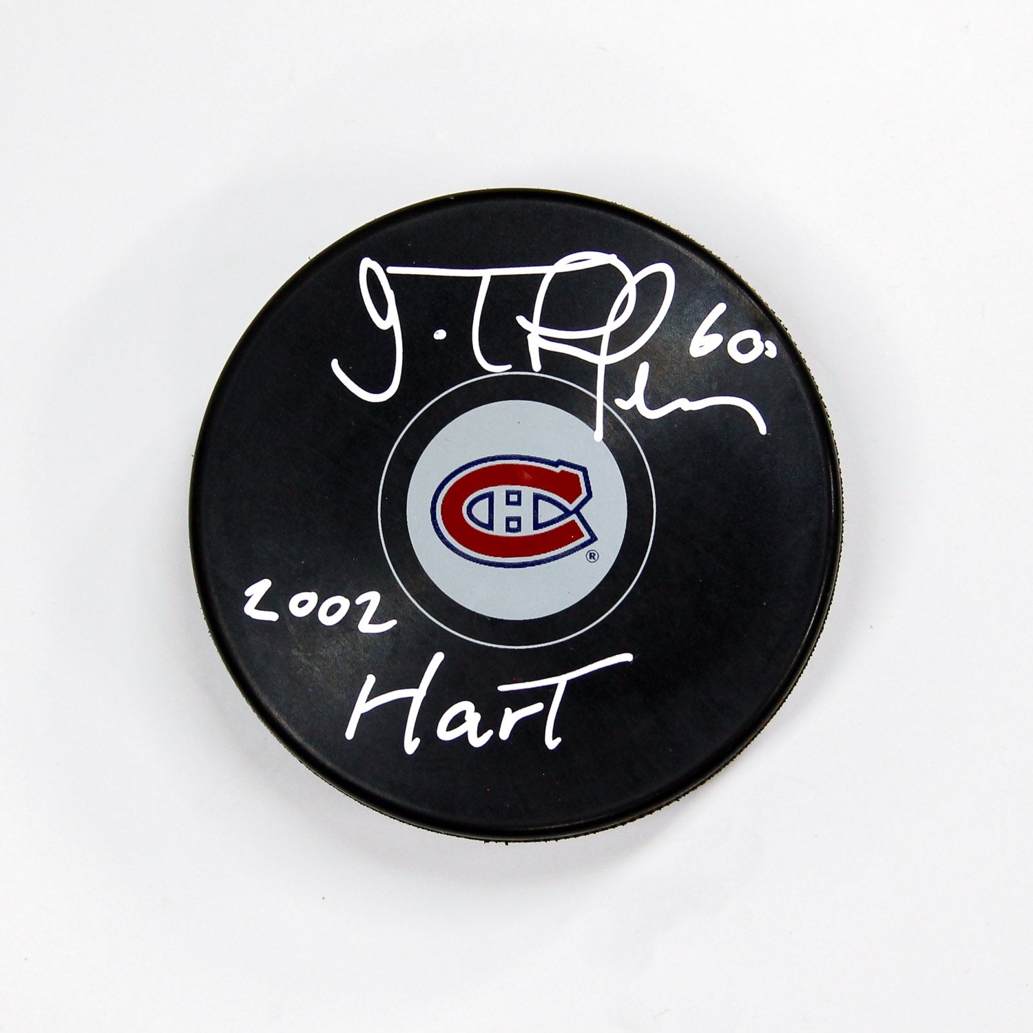 Jose Theodore Signed Montreal Canadiens Puck with 2002 Hart Note