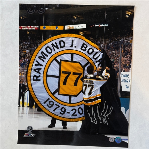 Ray Bourque Autographed Boston Bruins Banner Retirement 16x20 Photo