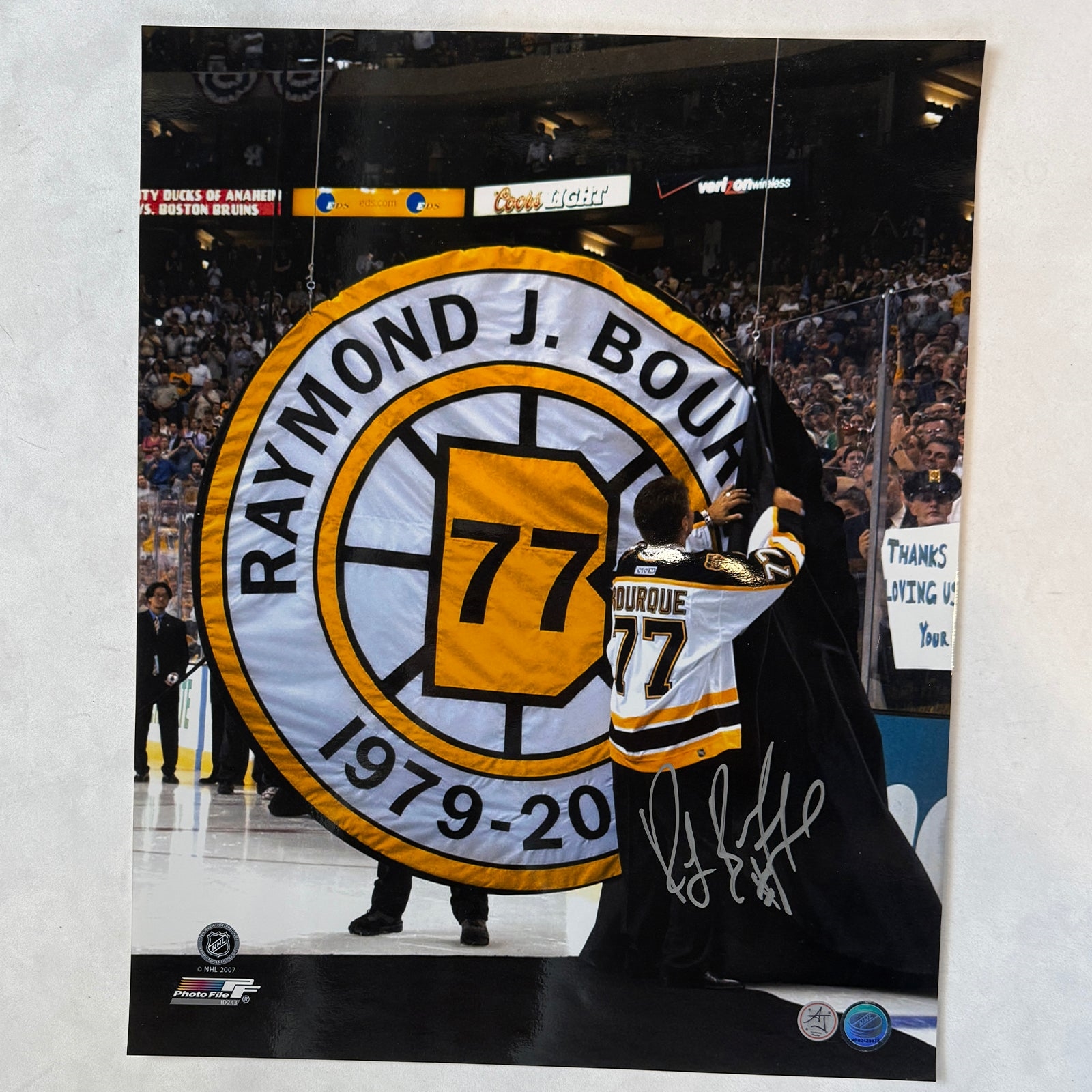 Ray Bourque Autographed Boston Bruins Banner Retirement 16x20 Photo