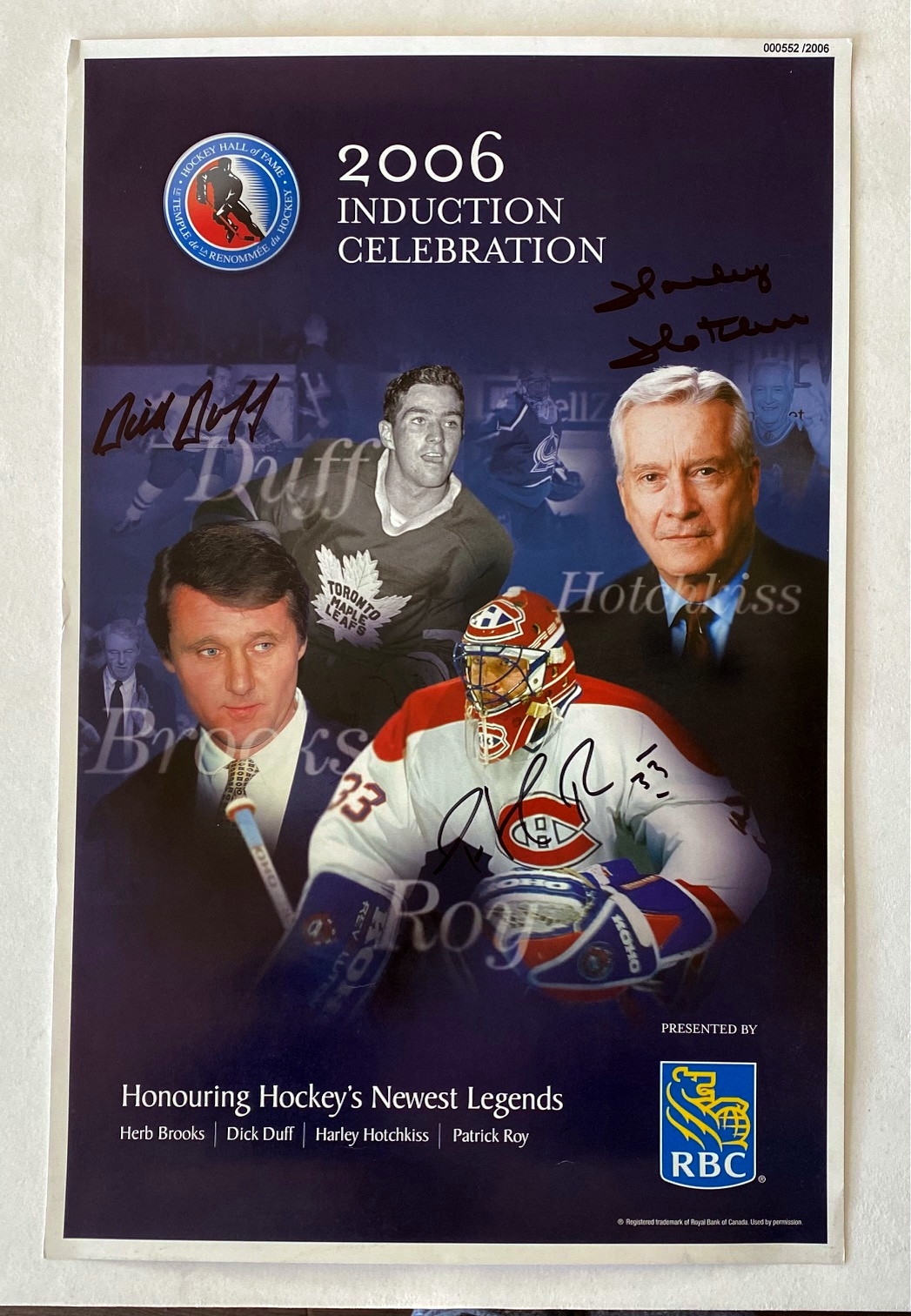 2006 Hall of Fame Induction 11x17 Poster Signed by Patrick Roy, Duff, Hotchkiss