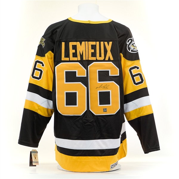 Mario Lemieux Autographed Pittsburgh Penguins Black Throwback Style Jersey