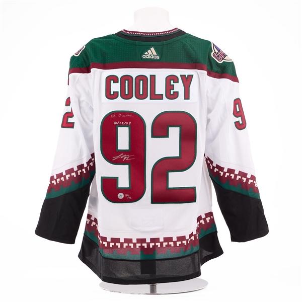 Logan Cooley Signed & Dated 1st Game Arizona Coyotes White adidas Jersey #85/92