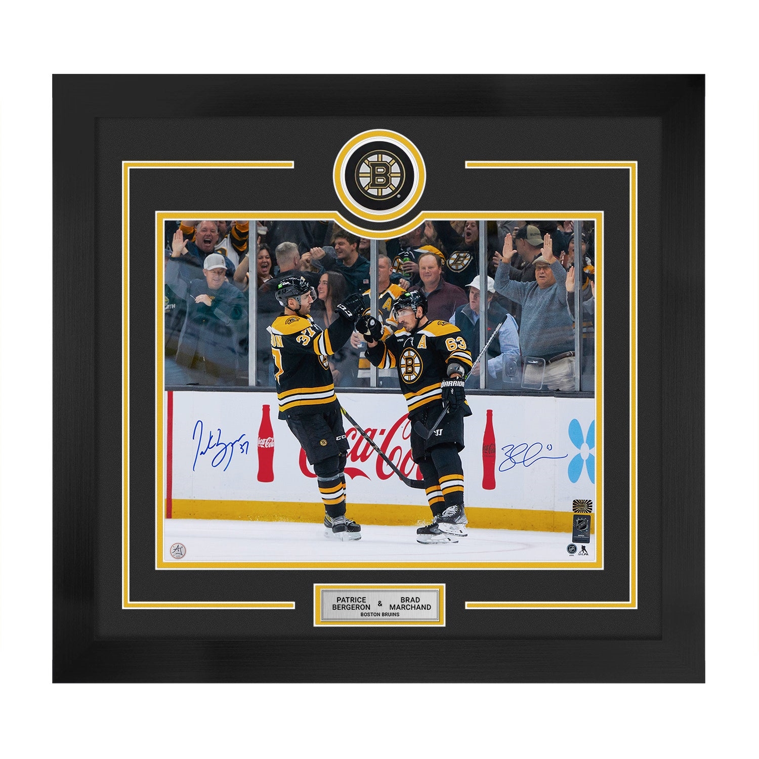 Patrice Bergeron & Brad Marchand Dual Signed Boston Bruins Puck Logo 28x30 Frame