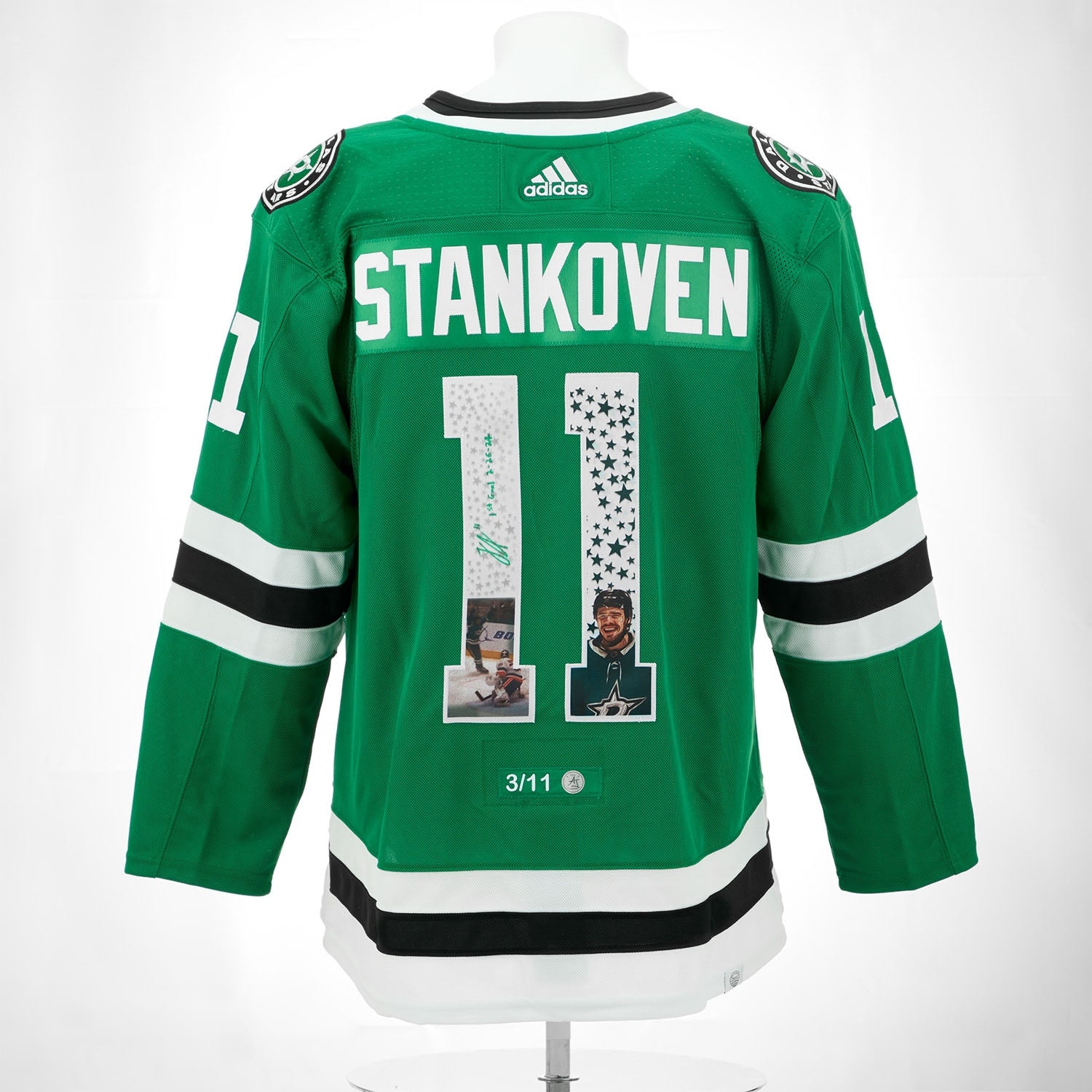 Logan Stankoven Dallas Stars Signed & Dated 1st Goal Graphic adidas Jersey #3/11