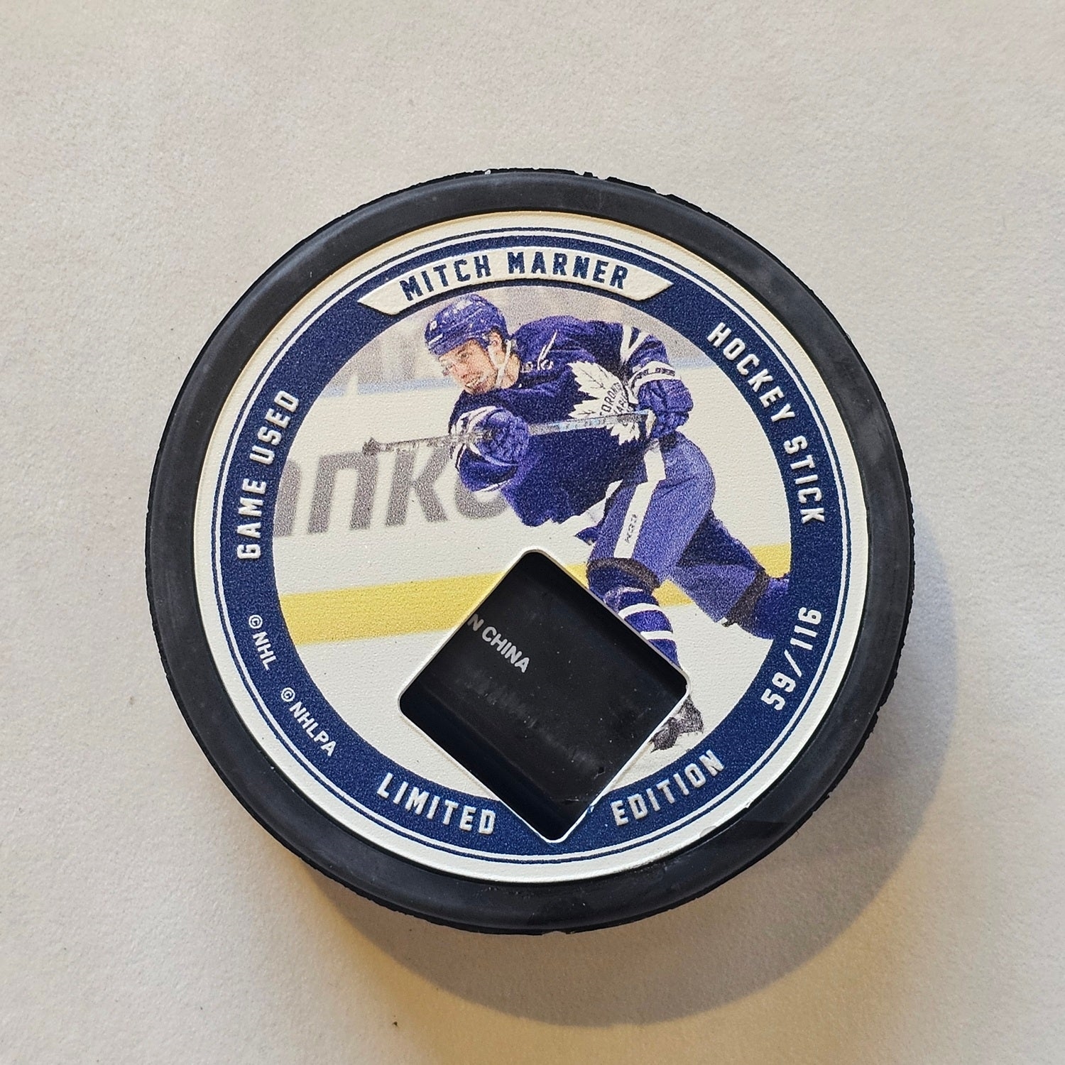 Mitch Marner Authentic Game Used Hockey Stick Collector Puck #59/116