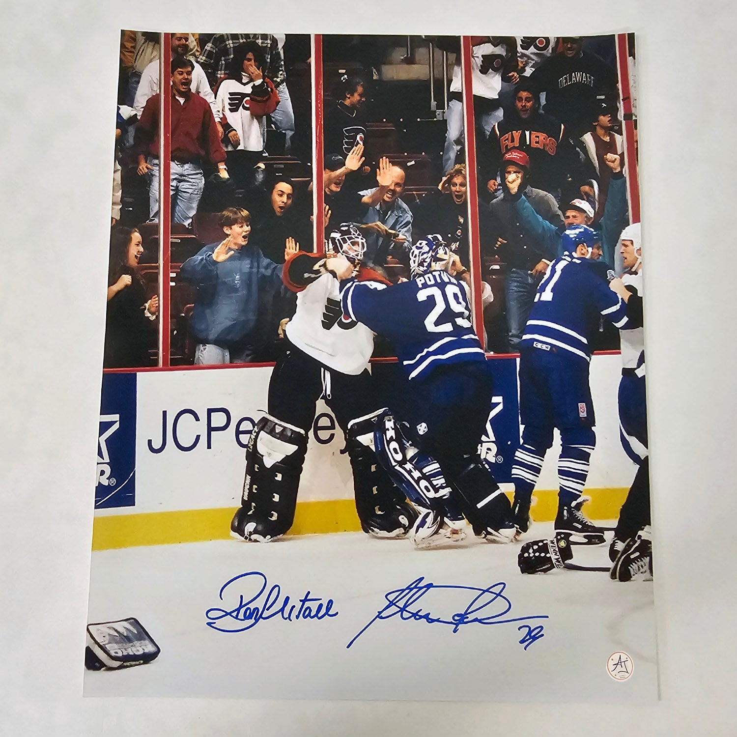 Felix Potvin & Ron Hextall Dual Signed Goalie Fight 16x20 Photo