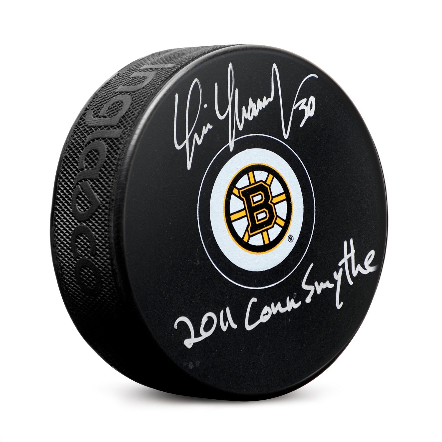 Tim Thomas Signed Boston Bruins Hockey Puck with 2011 Conn Smythe Note