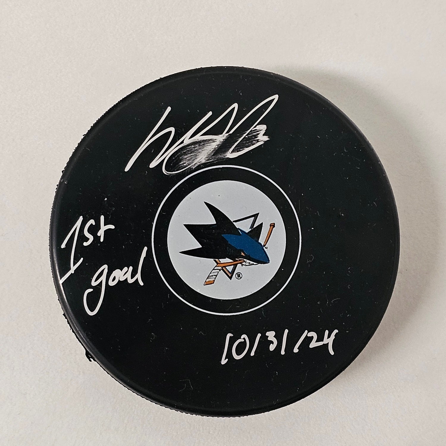 Will Smith San Jose Sharks Signed & Dated 1st NHL Goal Puck (Flawed)