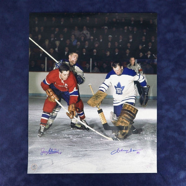 Jean Beliveau & Johnny Bower Dual Signed Original Six Hockey Rivalry 16x20 Photo