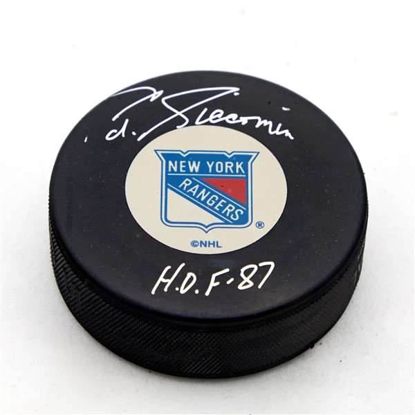 Eddie Giacomin Autographed New York Rangers Hockey Puck (Flawed)