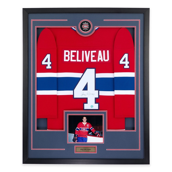 Jean Beliveau Signed Montreal Canadiens Puck Logo 36x44 Jersey Frame (FLAWED)
